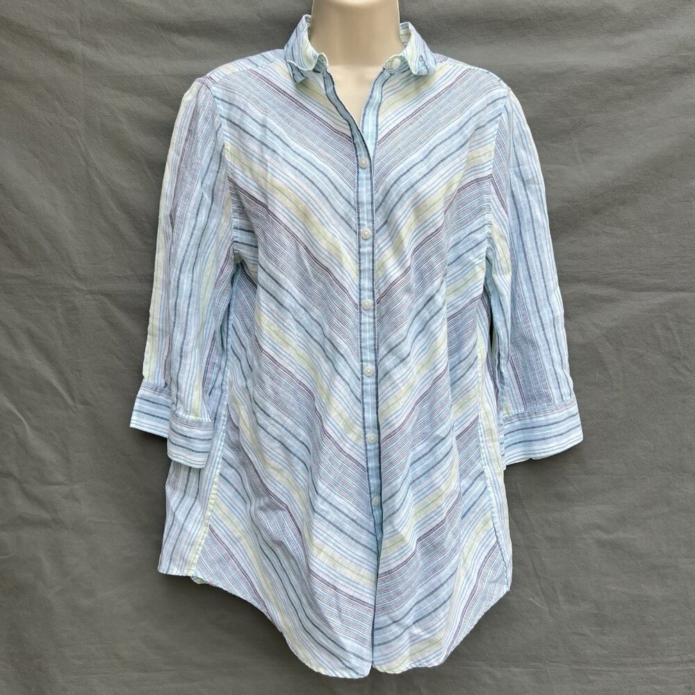 Chico's Size 1 I M No Iron 100% Linen Blue Green Striped Button Down Shirt Top